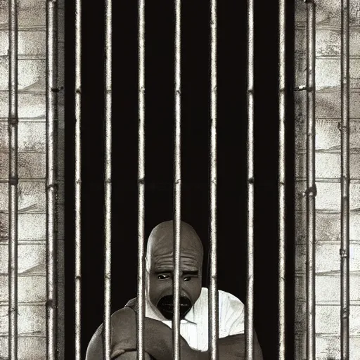 Prompt: A derelict dark photograph of the viewer looking at Steve Harvey who is behind metal bars in Jail