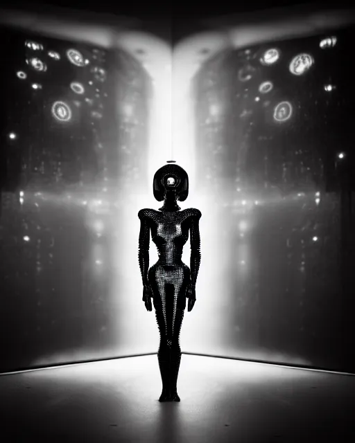 Image similar to black and white high quality photo of a beautiful female AI vegetal-cyborg looking into a sci-fi mirror, volumetric lighting, liminal space, brutalism, foggy, dreamy, shiny, hyperdetailed, bokeh, photorealistic, cinematic, masterpiece, Metropolis, elegant, dark, by Man Ray in the style of Horst P. Horst, octane render, 8K,