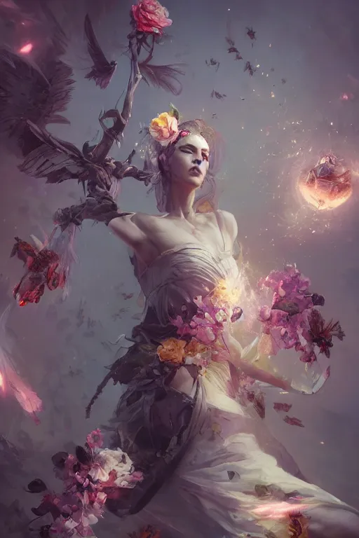 Image similar to beautiful girl necromancer, witch - doctor exploding into flowers, angels, 3 d render, hyper - realistic detailed portrait, holding electricity and birds, ruan jia, wlop. scifi, fantasy, hyper detailed, octane render, concept art, peter mohrbacher