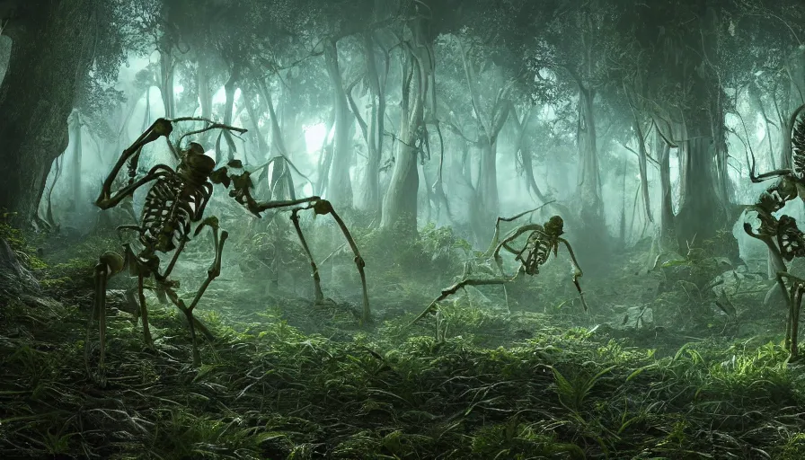 Image similar to hyper realistic highly detailed nature photography of skeleton wraiths in a bioluminescent grove with heavy vegetation, prehistoric planet, volumetric lighting, octane render, 4 k resolution, golden hour