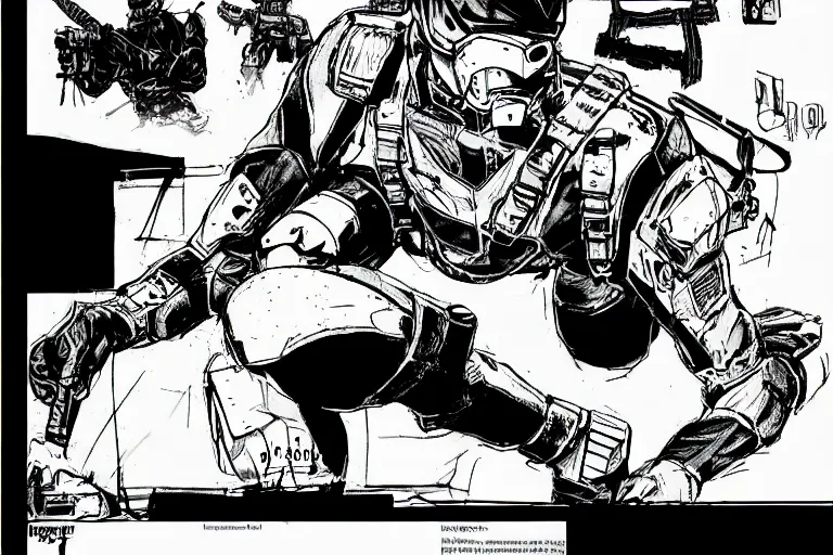 Image similar to gray fox from metal gear solid, doing a three point landing pose, a page from cyberpunk 2 0 2 0, style of paolo parente, style of mike jackson, adam smasher, johnny silverhand, 1 9 9 0 s comic book style, white background, ink drawing, black and white