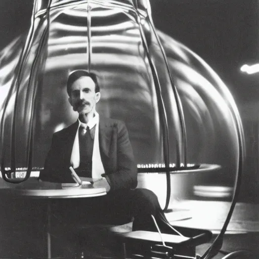 Prompt: nikola tesla sitting under a tesla coil, 1960s photography.