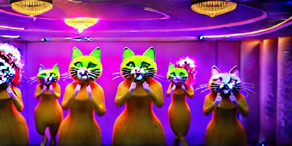Image similar to 8 k uhd cinema 4 d, octane render of multiple cats dressed as vegetables with vegetables as masks, vegetables dressed as cats with fluffy tails, line dancing at a party, in the ballroom of a luxury cruise liner, beautiful chandeliers from the ceiling, ultra realistic, group photography, 1 0 5 mm lens, multi coloured volumetric lighting
