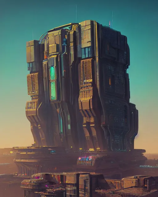 Prompt: beautiful painting of a massive cyberpunk building inspired by jules verne, art by mike winkelmann, golden hour, illustration, highly detailed, simple, smooth and clean vector curves, no jagged lines, vector art, smooth, artstation