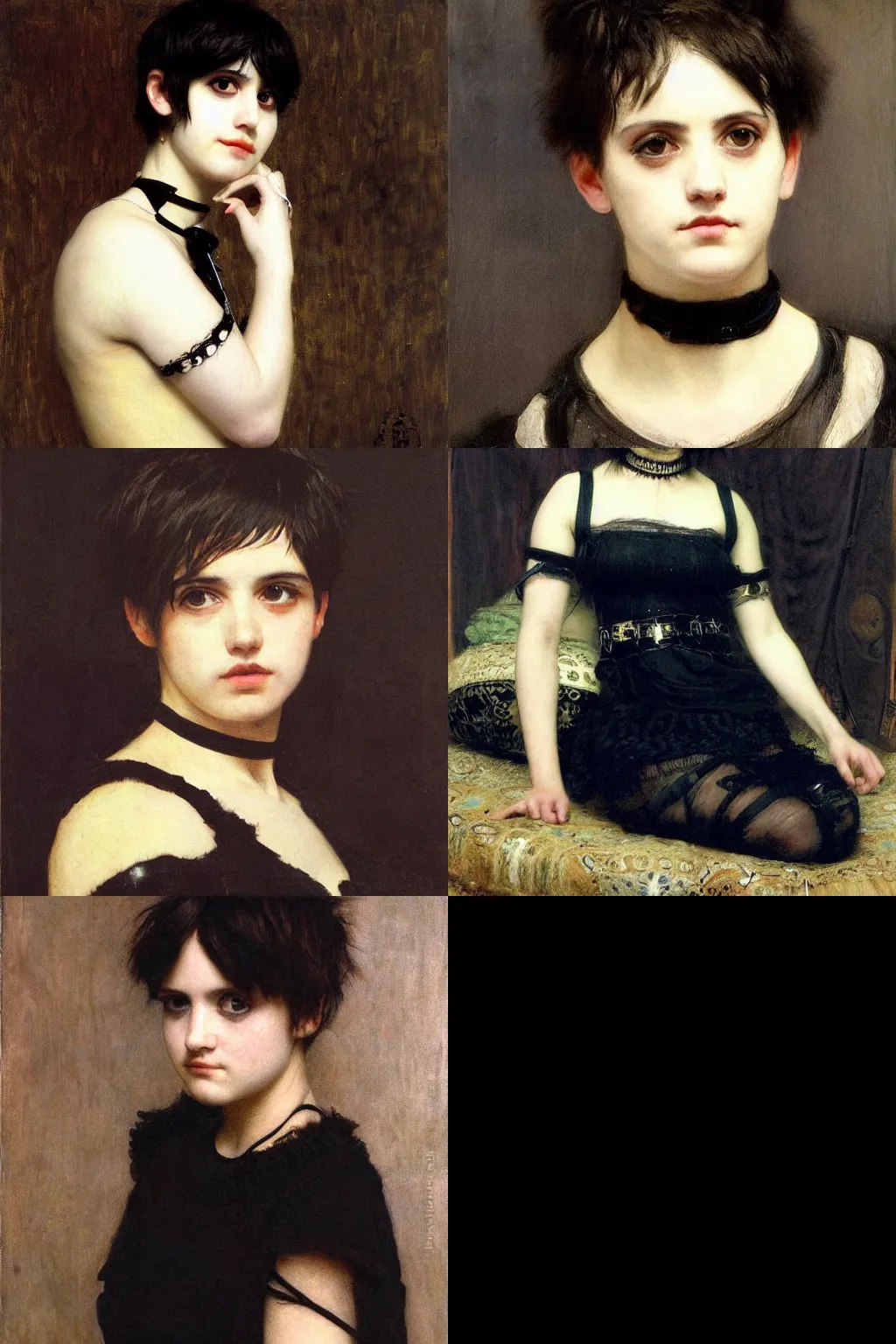 Prompt: an emo portrait by lawrence alma - tadema. her hair is dark brown and cut into a short, messy pixie cut. she has a slightly rounded face, with a pointed chin, large entirely - black eyes, and a small nose. she is wearing a black tank top, a black leather jacket, a black knee - length skirt, and a black choker..
