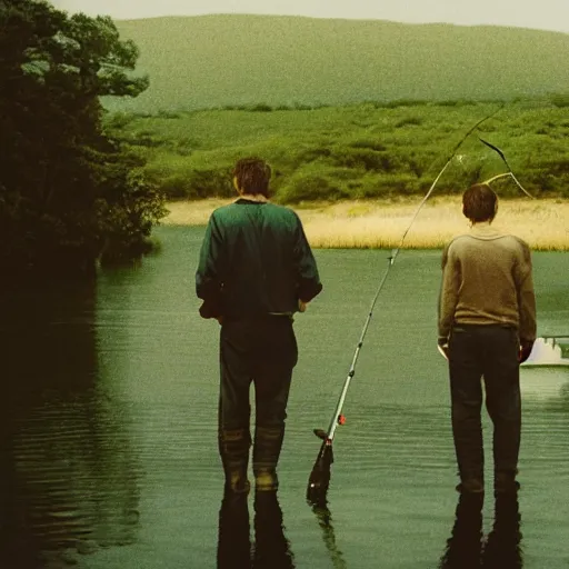 Prompt: damon albarn and thom yorke going fishing, photograph, film photography, soft lighting, 8 k