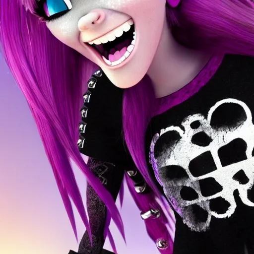 Prompt: high detail render of a punk girl with purple emo hair, a skull shirt, and studded arm bands screaming into a microphone in disney frozen style 4 k
