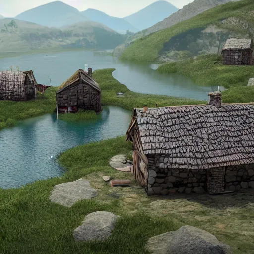 Prompt: a village built on a tarn, mountain lake, highly detailed, 8k, Unreal Engine, render