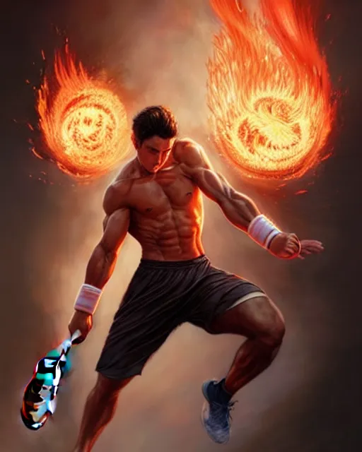 Image similar to Muscular male tennis player hitting a powerful ball of fire, art deco, fantasy, intricate fire designs, elegant, highly detailed, sharp focus, art by Artgerm and Greg Rutkowski and WLOP