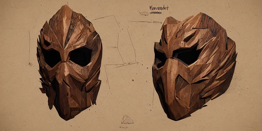 Image similar to wooden mask design, character sheet, Greg Rutkowski, Zabrocki, Karlkka, Jayison Devadas, trending on Artstation, 8K, ultra wide angle, zenith view, pincushion lens effect