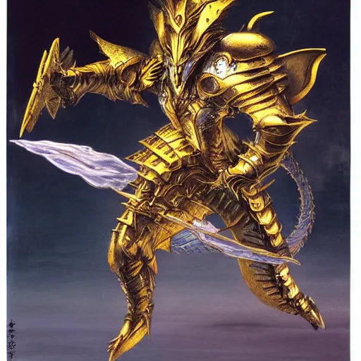 Prompt: golden dragon born fighter wearing plate armor, matte painting, painted by yoshitaka amano