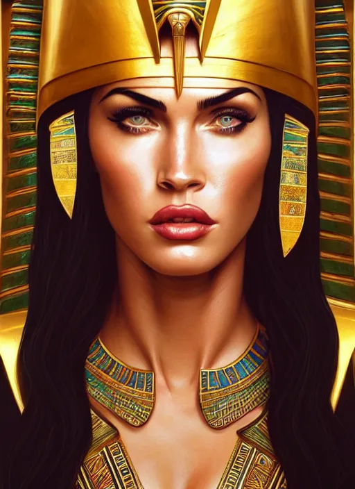 Prompt: portrait of megan fox as egypt queen, pharao, sun, mummy, scarab, pyramids, gold, intricate, headshot, highly detailed, digital painting, artstation, concept art, sharp focus, cinematic lighting, illustration, art by artgerm and greg rutkowski, alphonse mucha, cgsociety