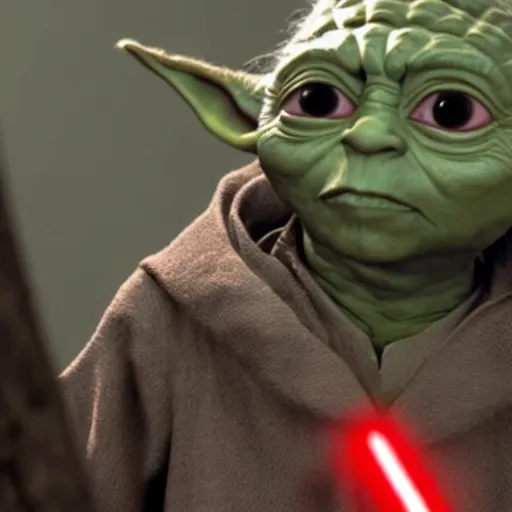 Image similar to A film still of Yoda as a sith lord wearing dark attire realistic,detailed