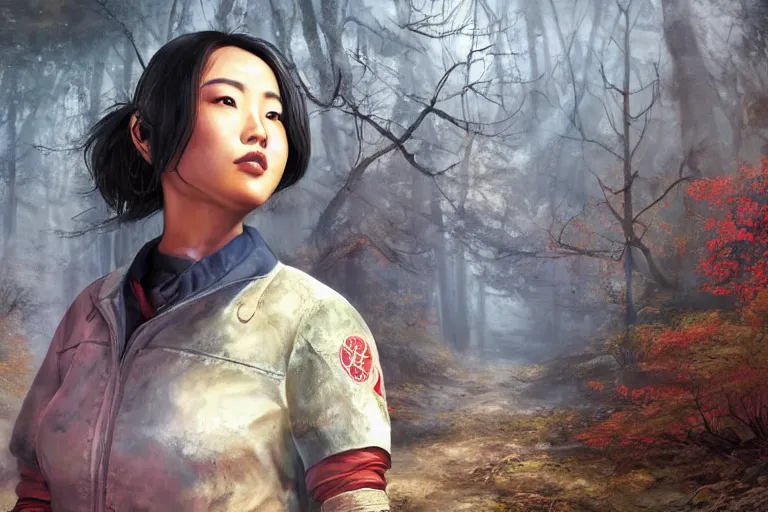 Image similar to fallout 5, charismatic beautiful rugged asian female protagonist, portrait, outdoors in forest, tori gate and shinto shrine in the background, atmospheric lighting, painted, intricate, volumetric lighting, daytime, winter, clear weather, sharp focus, ultra detailed, art by william turner