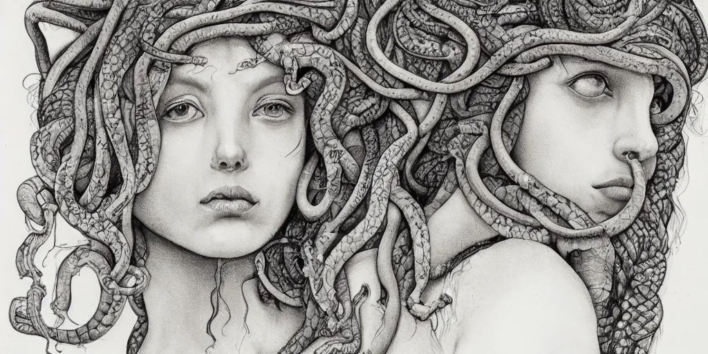 Image similar to realistic portrait of a medusa with her snake hair, 1450, ink, ultra realistic, 8k