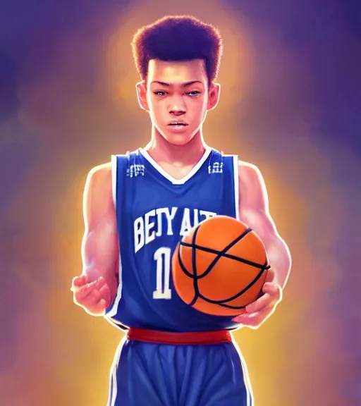 Image similar to portrait of a boy holding a basketball playing basketball wearing a basketball uniform in a basketball court, intricate, elegant, highly detailed, centered, digital painting, artstation, concept art, smooth, sharp focus, illustration, by Peter Mohrbacher, WLOP