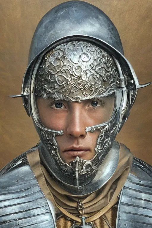 Image similar to hyperrealism oil painting, close-up portrait of medieval euopean fashion model, knight, steel gradient mixed with water swirls sky, in style of baroque mixed with 70s japan book art