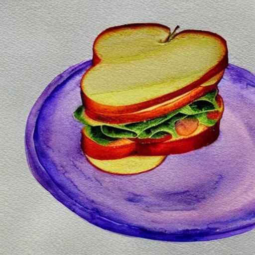 Image similar to bologna sandwich, plate, apple, watercolor, masterpiece