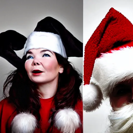 Prompt: Singer Björk wearing a Santa Claus hat