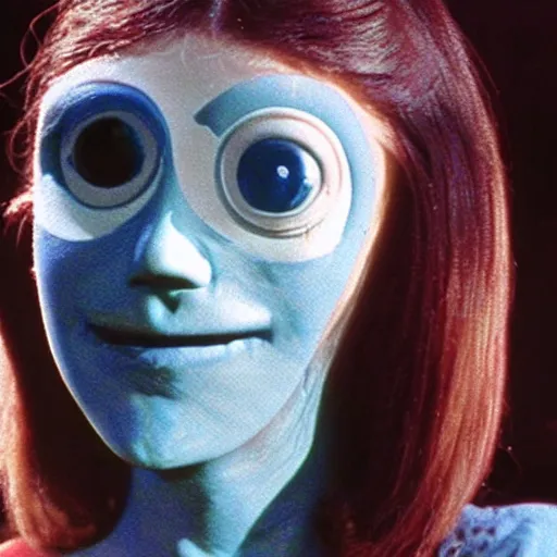 Image similar to woman with prosthetic nose enters an eyeball cult, 1973 live-action children's tv show, color