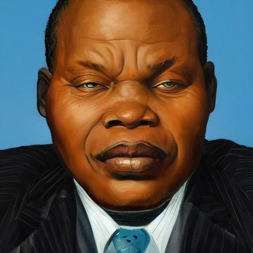 Image similar to a painting of a wide forehead, round face, XXL , smirky, fatherly, loving, caring, generous, ever-present, humble, wise elder from Kenya in a suit by Kehinde Wiley . Fatherly/daddy, focused, loving, leader, relaxed,. ethereal lights, details, smooth, sharp focus, illustration, realistic, cinematic, artstation, award winning, rgb , unreal engine, octane render, cinematic light, macro, depth of field, blur, red light and clouds from the back, highly detailed epic cinematic concept art CG render made in Maya, Blender and Photoshop, octane render, excellent composition, dynamic dramatic cinematic lighting, aesthetic, very inspirational, arthouse.