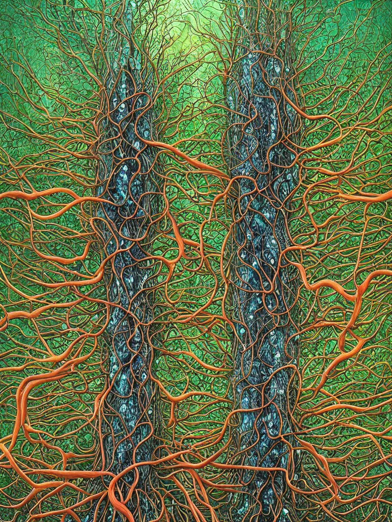 Prompt: A hyperrealistic mixed media relief of a tree growing from a network of hyphae, nerves, slime mold, and rhizomorphic fungus. Shaped like roots and neurons. Lush botanical, colorful, surreal. By Dan Mumford and Jacek Jerka and Karol Bak.