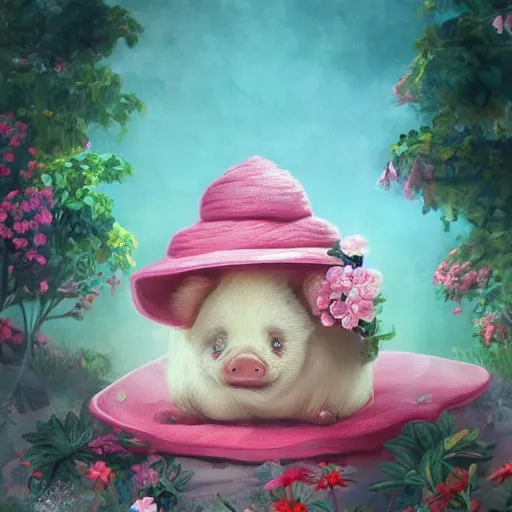 Prompt: cute and adorable miniature piggy 🐖 wearing a cute hat on garden during a summer day, chibi, anime, highly detailed, digital painting, artstation, concept art, smooth, sharp focus, illustration, art by yee chong and sydney hanson and rossdraws and greg rutkowski