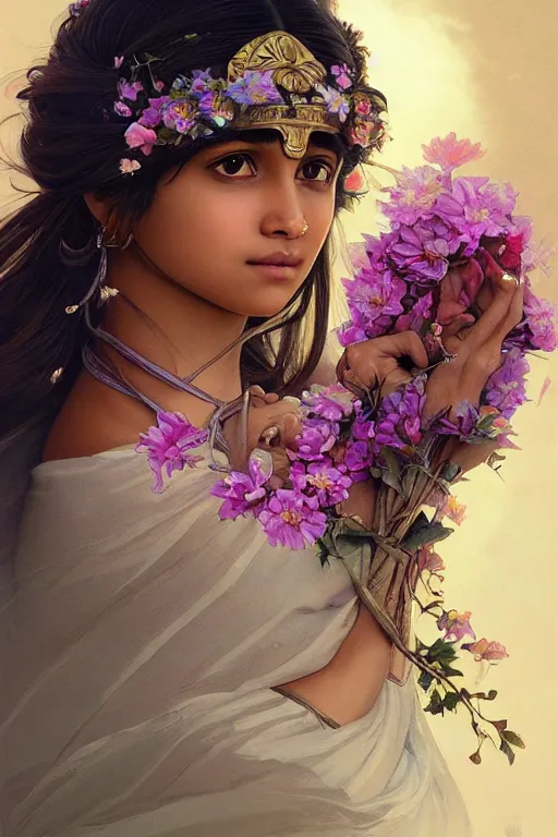 Image similar to ultra realistic illustration, indian girl with flowers blossoming from helmet, elegant, highly detailed, digital painting, concept art, smooth, sharp focus, illustration, art by artgerm and greg rutkowski and alphonse mucha