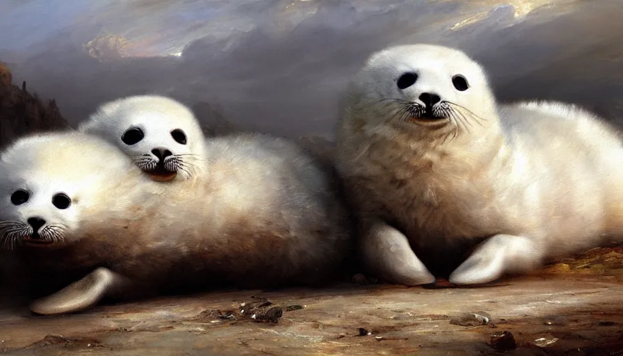 Image similar to highly detailed painting of cute furry white baby seals on an out of control car by william turner, by greg rutkowski, by william constable, thick brush strokes and visible paint layers, 4 k resolution