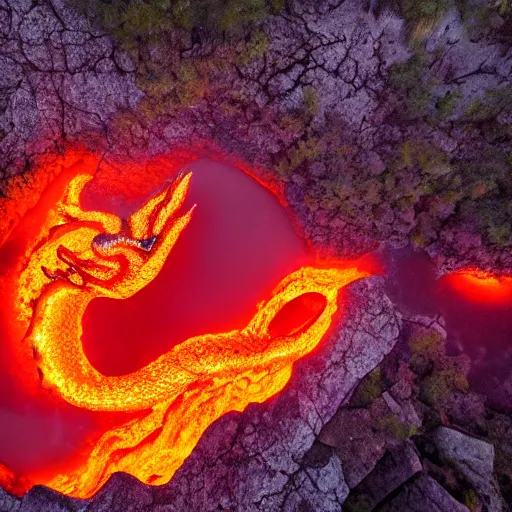 Prompt: nature photograph of a mythological dragon bathing in lava, cryptid, unexplained phenomena, drone photography, 8k