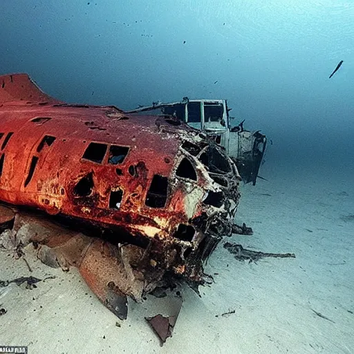 Image similar to a rusty plane crashed in the bottom on the ocean, the scene is illuminated by the light coming from the interior of the plane, through the windows