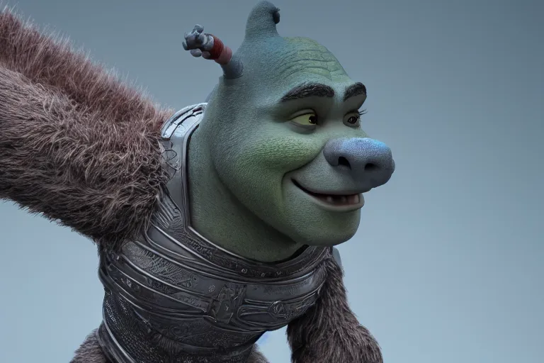 Image similar to Shrek wearing futuristic armor, with a bird on top of his head.. ultra-detailed, 8k, octane render