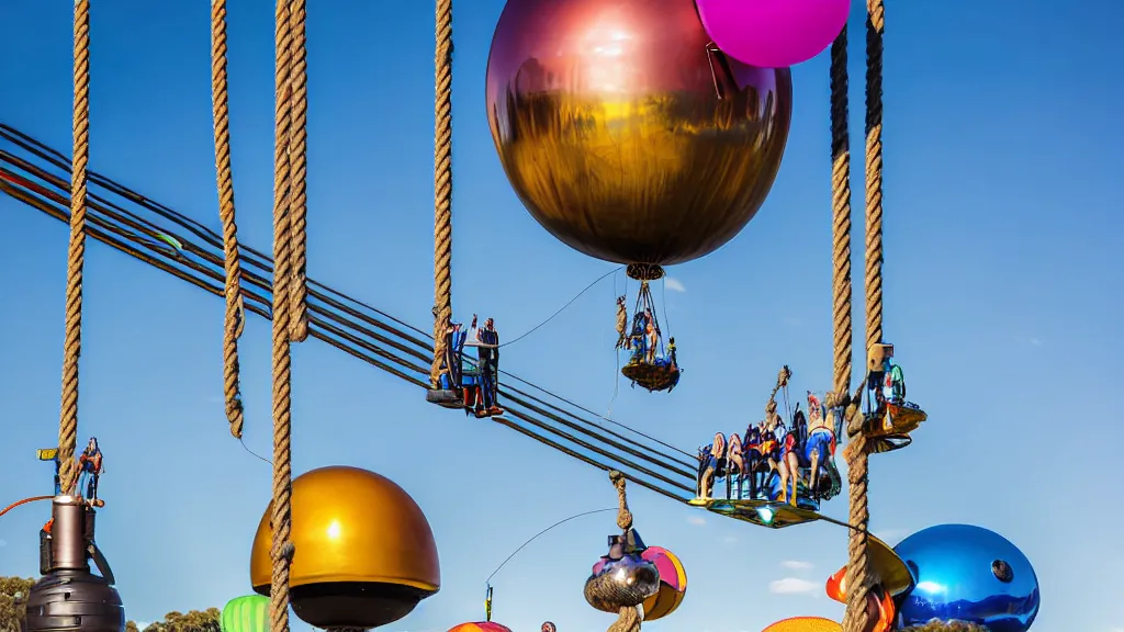 Image similar to large colorful futuristic space age metallic steampunk balloons with pipework and electrical wiring around the outside, and people on rope swings underneath, flying high over the beautiful adelaide city landscape, professional photography, 8 0 mm telephoto lens, realistic, detailed, photorealistic, photojournalism