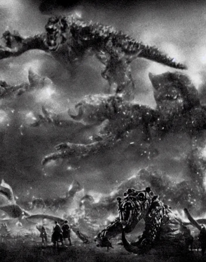 Image similar to a filmstill of a north korean monster movie, kaiju - eiga monster with starfish - arms trampling a traditional korean palace, foggy, film noir, epic battle, etheral, explosions, communist propaganda, communist epic thriller, by kim jong - il and akira kurosawa and tim burton, video compression