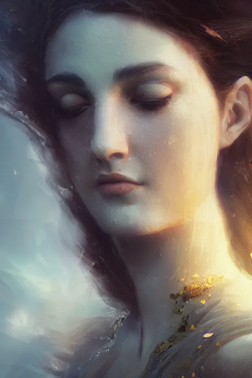 Image similar to greek goddess of ai art, close - up portrait, powerfull, intricate, elegant, volumetric lighting, scenery, digital painting, highly detailed, artstation, sharp focus, illustration, concept art, ruan jia, steve mccurry