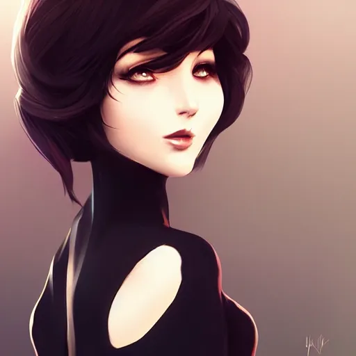 Image similar to , a beautiful woman with dark brown hair wearing a black dress, fantasy, by lois van baarle, Ilya Kuvshinov, Stanley Artgerm Lau, WLOP, Rossdraws, trending on artstation,