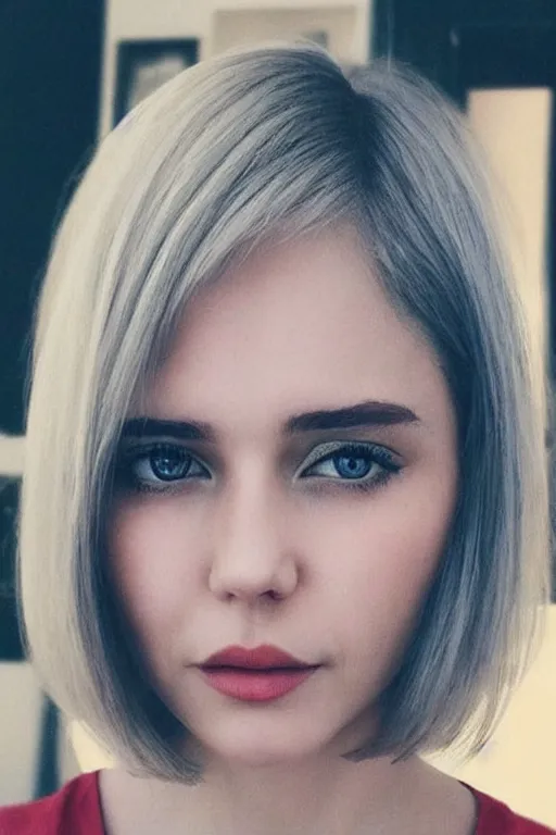 Image similar to “ blond hair woman with grey eyes and bob haircut ”