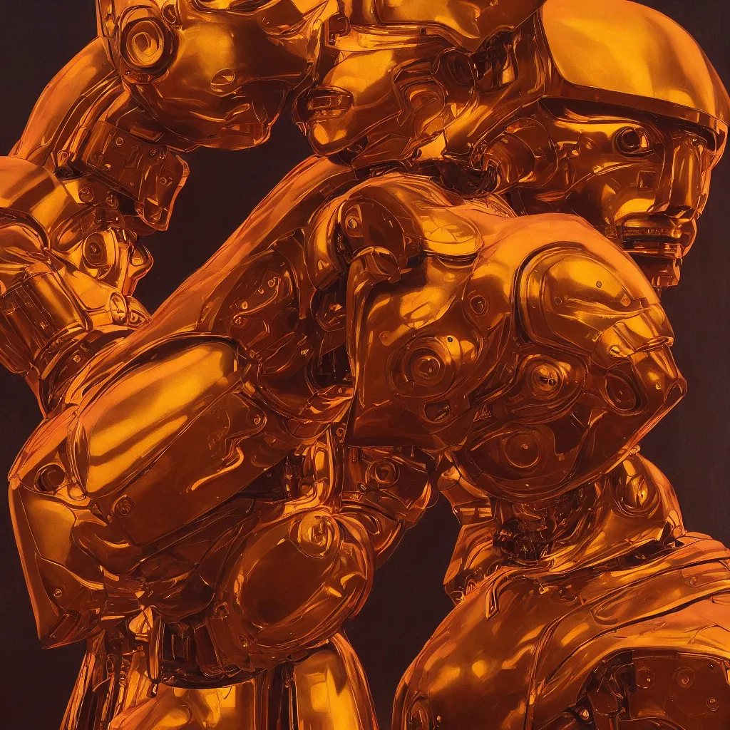Prompt: cinematic bust portrait of psychedelic god robot from left, head and chest only, robotic improvements, part of Moebius, part of maxfield parrish, part of Thomas Ehretsmann,, oil on canvas, masterpiece, trending on artstation, cinematic composition, dramatic pose, beautiful lighting, sharp, details, hyper-detailed, volumetric lighting 4K