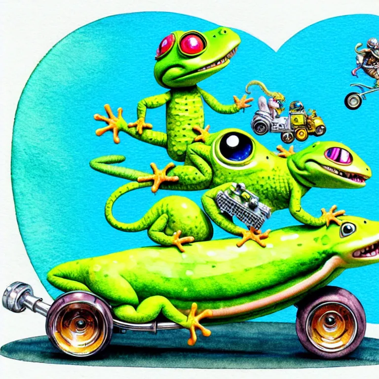 Image similar to cute and funny, gecko wearing a helmet riding in a hot rod with oversized engine, ratfink style by ed roth, centered award winning watercolor pen illustration, isometric illustration by chihiro iwasaki, edited by range murata, tiny details by artgerm and watercolor girl, symmetrically isometrically centered, sharply focused