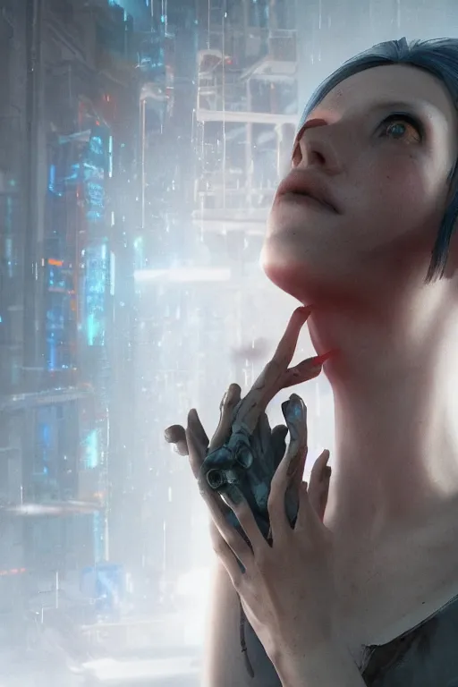 Image similar to a cyberpunk woman awakening from a test tube, opening her eyes for the first time, conceiving the dystopian world around her, illustrated by greg rutkowski, roger magrini, and leticia gillett, intricately defined, complexly detailed, dramatic lighting, envious atmosphere, daz 3 d, unreal engine 5, cgsociety contest winner, 4 k