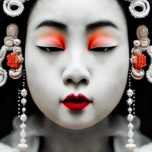 Image similar to minimalist photography portrait of an elaborately adorned oiran, symmetrical, super close up, mid thirties, cute round green slanted eyes, porcelain skin, wide nostrils, chubby cheeks, high flat eyebrows, ethereal essence, angelic, leica 1 0 0 mm f 0. 8