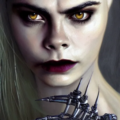 Prompt: Cara Delevigne is an unsettling scary terrifying bio mechanical cyborg post human, physically accurate, very dramatic dynamic lighting, intricate, very very elegant, highly detailed, digital painting, artstation, very hyperrealistic, very very very HR GIGER, very Bensinski, Hieronymus Bosch, Francis Bacon, concept art, smooth, sharp focus, illustration, art by artgerm and greg rutkowski and alphonse mucha