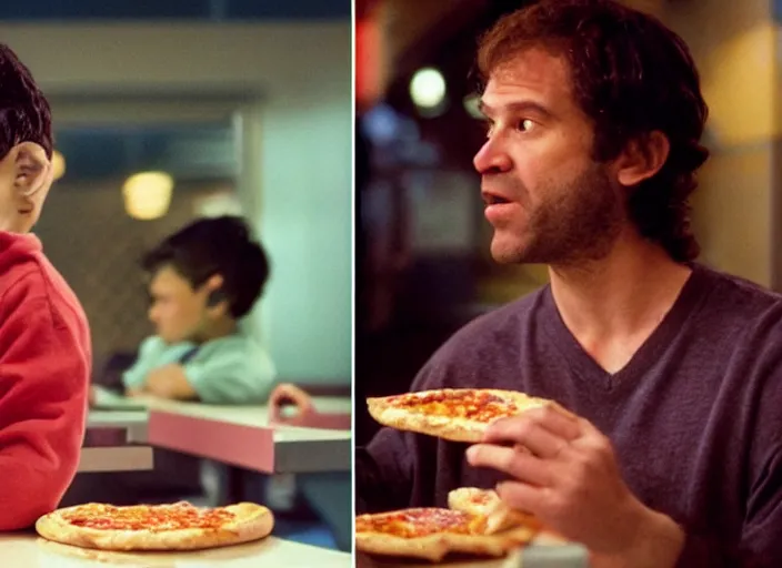 Prompt: portrait of charlie kaufman eating pizza at chuck - e - cheese, with felipe dieppa, and with vince peone, dramatic lighting, moody film still from being john malkovich ( 2 0 0 1 ), 3 5 mm kodak color stock, 2 4 mm lens, directed by spike jonze, ecktochrome