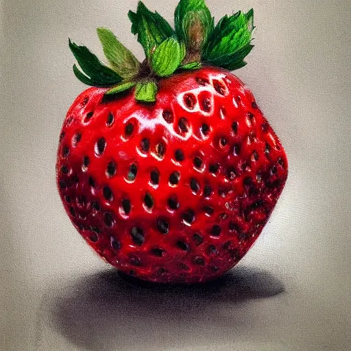 Prompt: a strawberry covered by human eyes, eyes looking at viewers, painting, old, soft lighting.