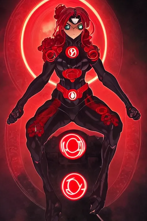 Image similar to anime key visual of a beautiful female red lantern!! intricate, red and black suit, glowing, powers, rage, anger, hate, dc comics, cinematic, stunning, highly detailed, digital painting, artstation, smooth, hard focus, illustration, art by artgerm and greg rutkowski and alphonse mucha