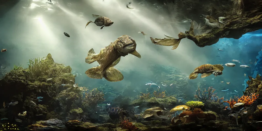 Prompt: aquarium battle royale, superwide angle, light through the mist, dramatic lighting, photorealistic, cinematic lighting, high detail, cinematic feel, high octane, 4K, Unreal Engine, digital render, intricate, ultra realistic, concept art