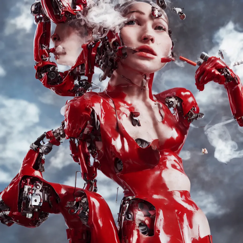 Image similar to a beautiful female cyborg is wearing a worn and ripped red latex jumpsuit, smoking a cigarette, as her mechanical body is slowly shutting down, and she is facing the end of her existence. hyper realistic, octane render, 8 k resolution, full profile, epic angle