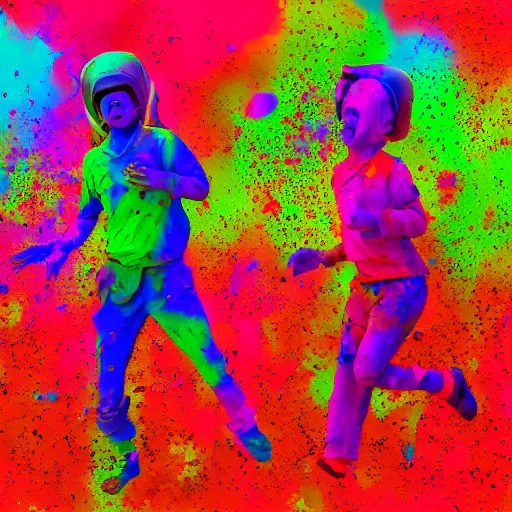 Image similar to aliens and humans playing holi, digital art