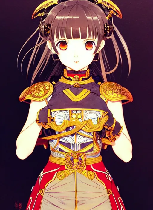 Image similar to ilya kuvshinov anime knight girl in ornate armor, last exile, murata range, fine detail, perfect anime face, dramatic lighting, dynamic composition, gustav klimt, art deco, cel shading, vivid, rich texture, ( ( ( yoshinari yoh ) ) ), alphonse mucha, ( ( ( colorful ) ) ),