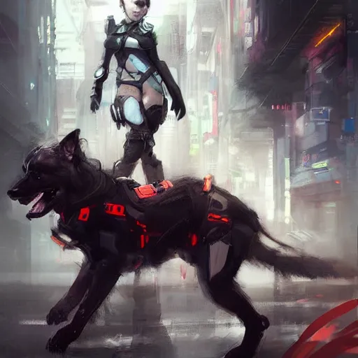 Image similar to 2d character concept art illustration, trending on artstation, by Ruan Jia, of a girl in a cyberpunk suit with three leashed battle dogs